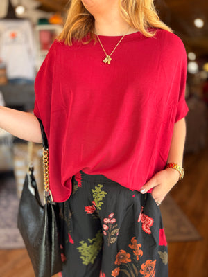 Mono B Red Boxy Scuba Short Sleeve Top
