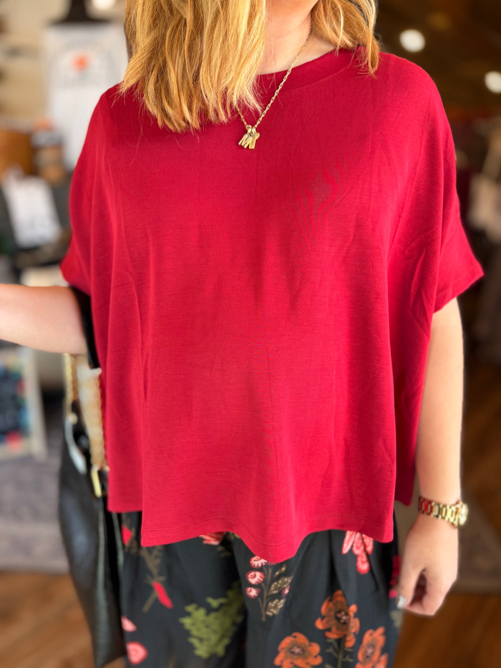 Mono B Red Boxy Scuba Short Sleeve Top