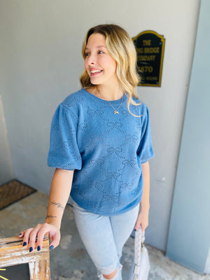 Blue Bow Cut Out Short Sleeve Sweater Top