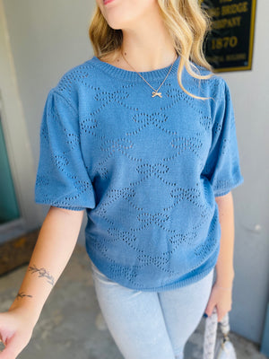 Blue Bow Cut Out Short Sleeve Sweater Top