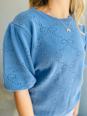 Blue Bow Cut Out Short Sleeve Sweater Top