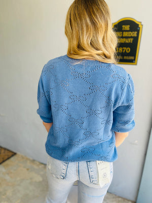 Blue Bow Cut Out Short Sleeve Sweater Top