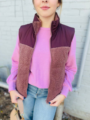 Cocoa Shearling Zip Front Fleece Vest