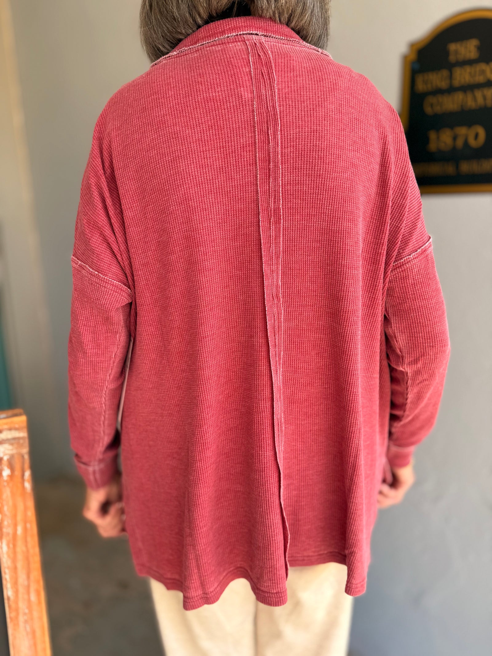 Mono B Red Waffle Knit Oversized Pullover Top