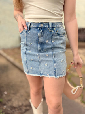 Bow Embroidered Denim Mini Skirt