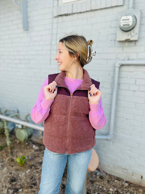 Cocoa Shearling Zip Front Fleece Vest