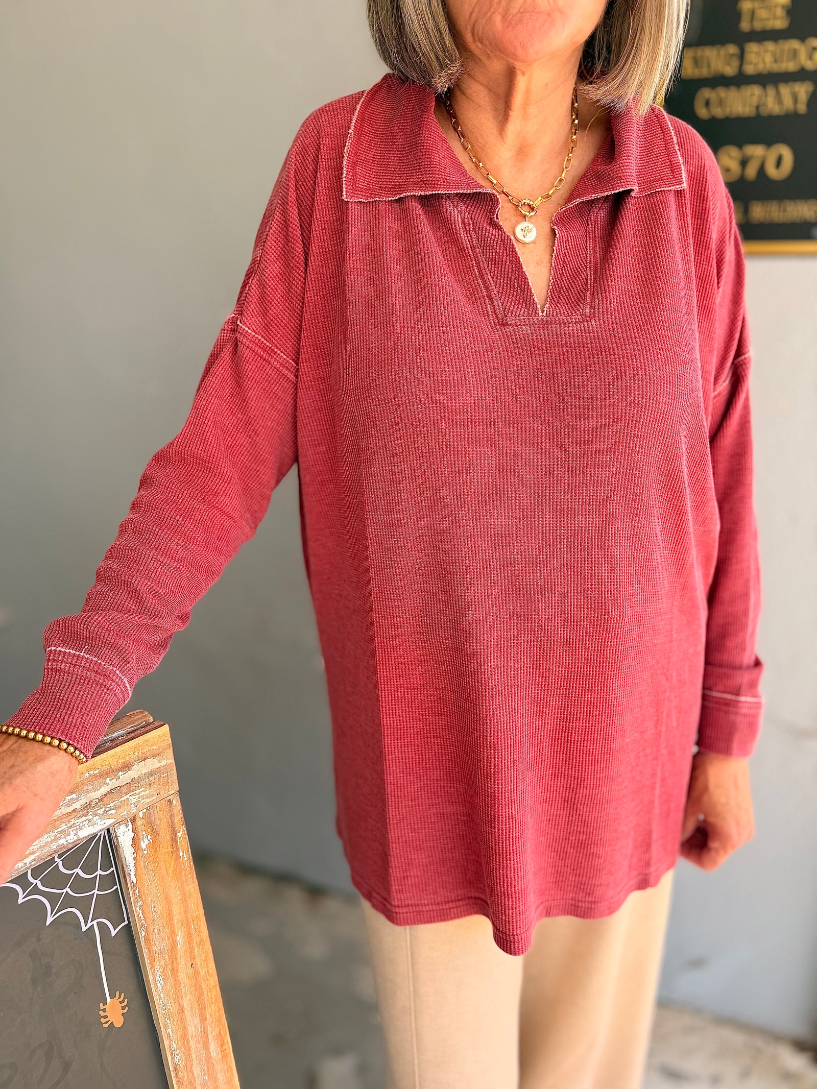 Mono B Red Waffle Knit Oversized Pullover Top