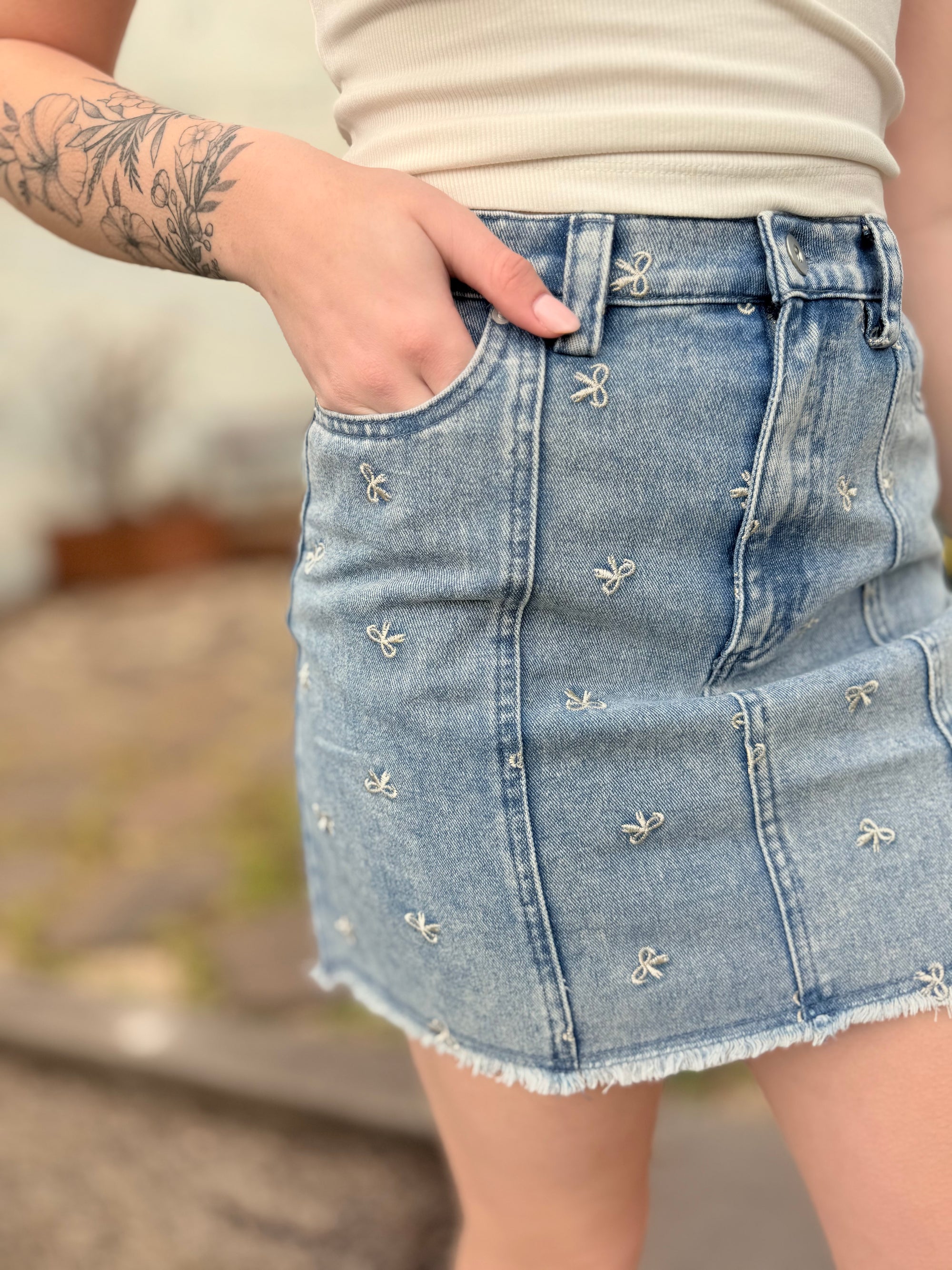 Bow Embroidered Denim Mini Skirt