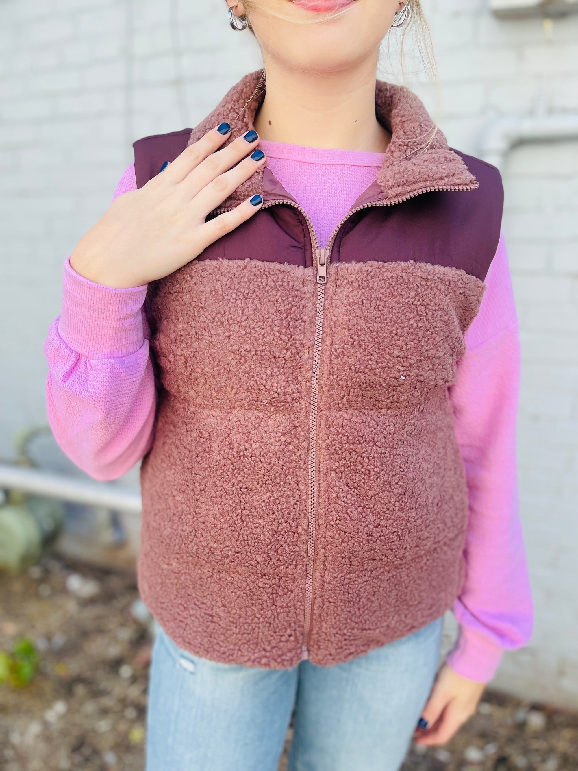 Cocoa Shearling Zip Front Fleece Vest