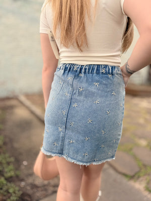 Bow Embroidered Denim Mini Skirt