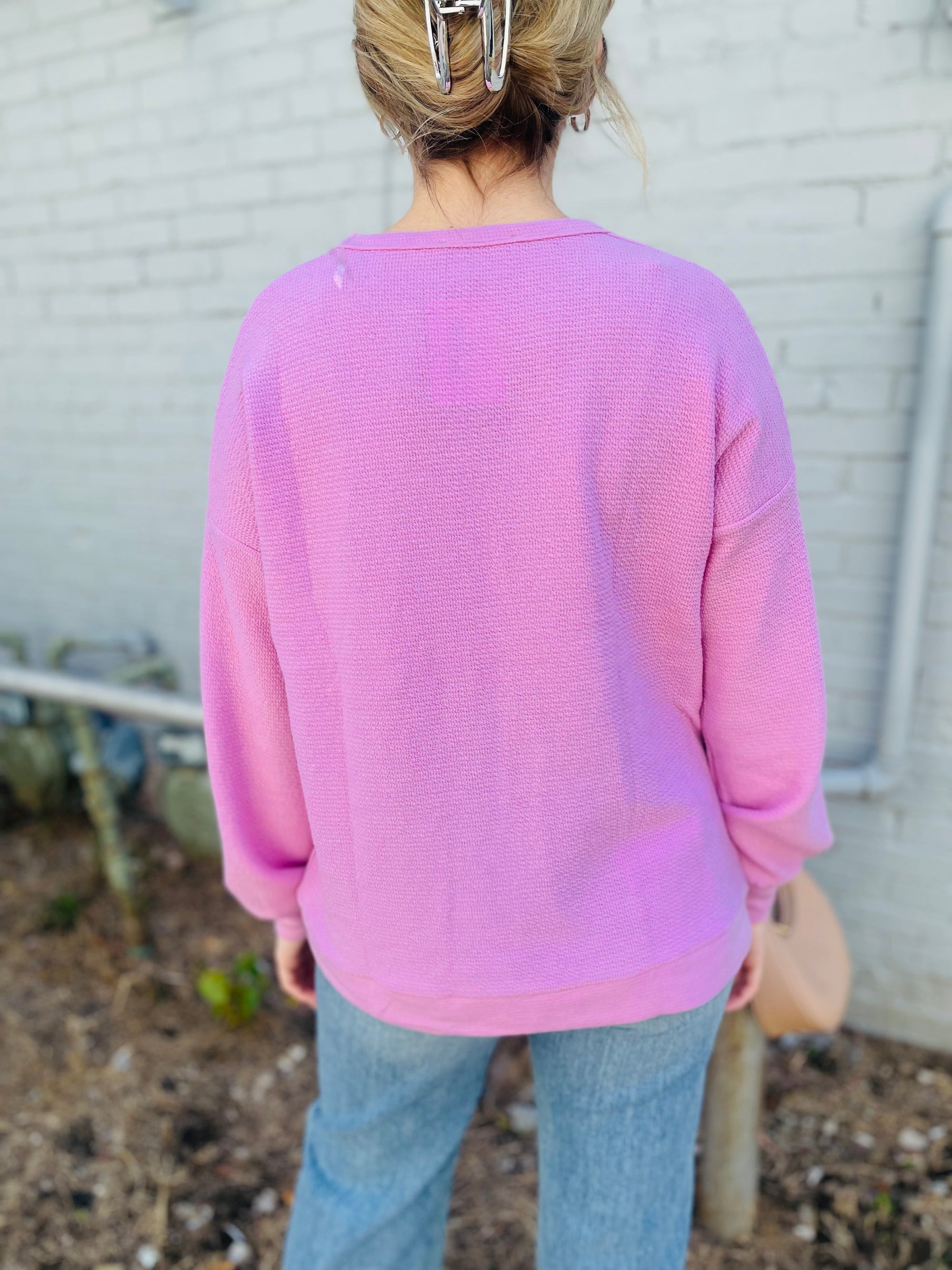 Pink Terry Textured Long Sleeve Top