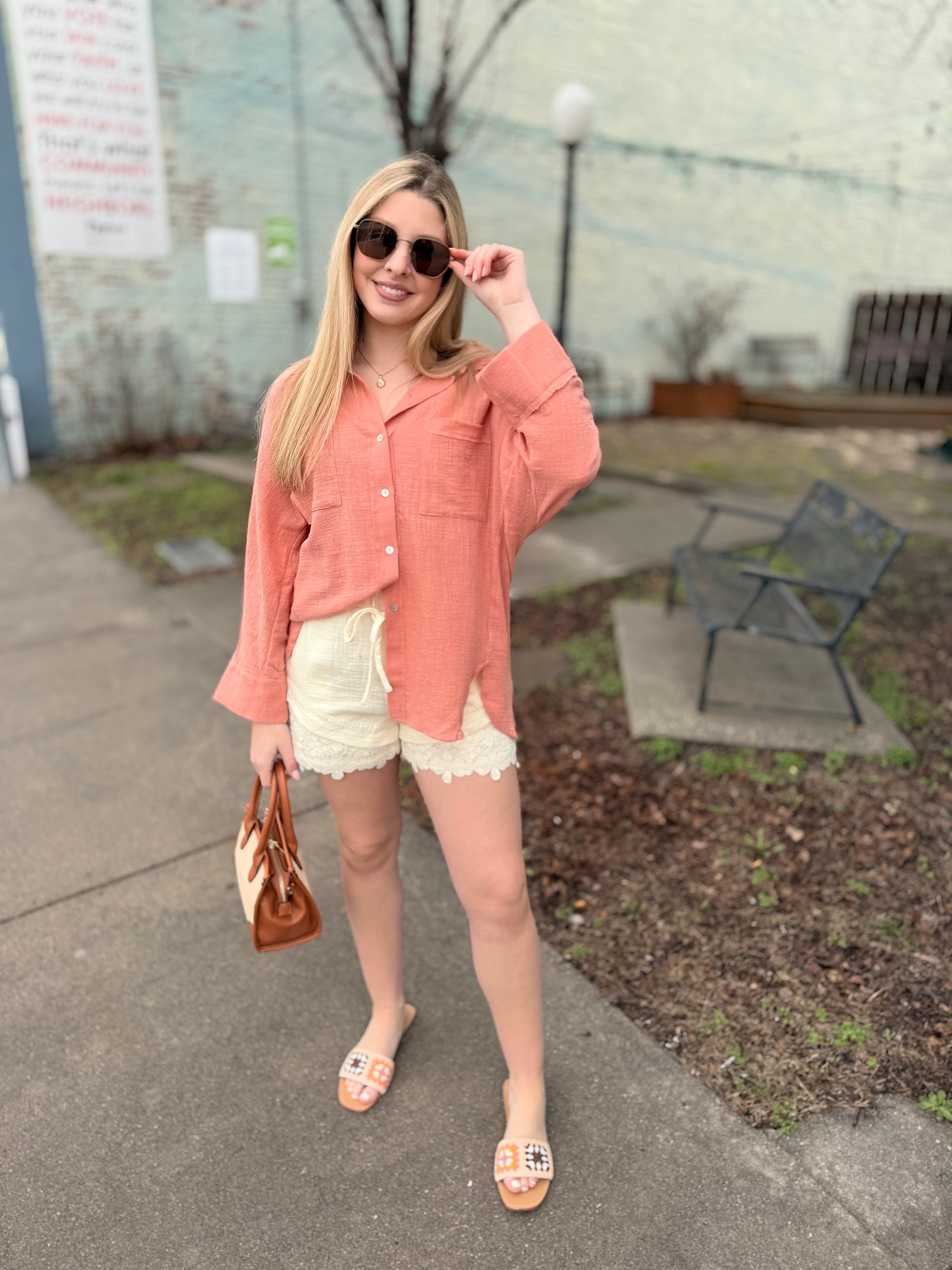 Blush Button Down Gauze Top