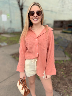 Blush Button Down Gauze Top