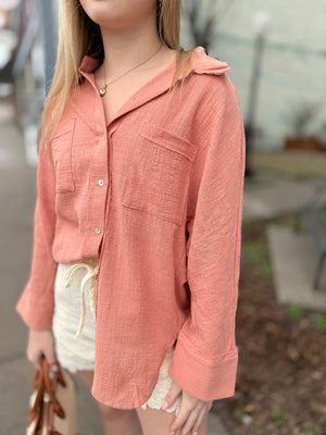 Blush Button Down Gauze Top