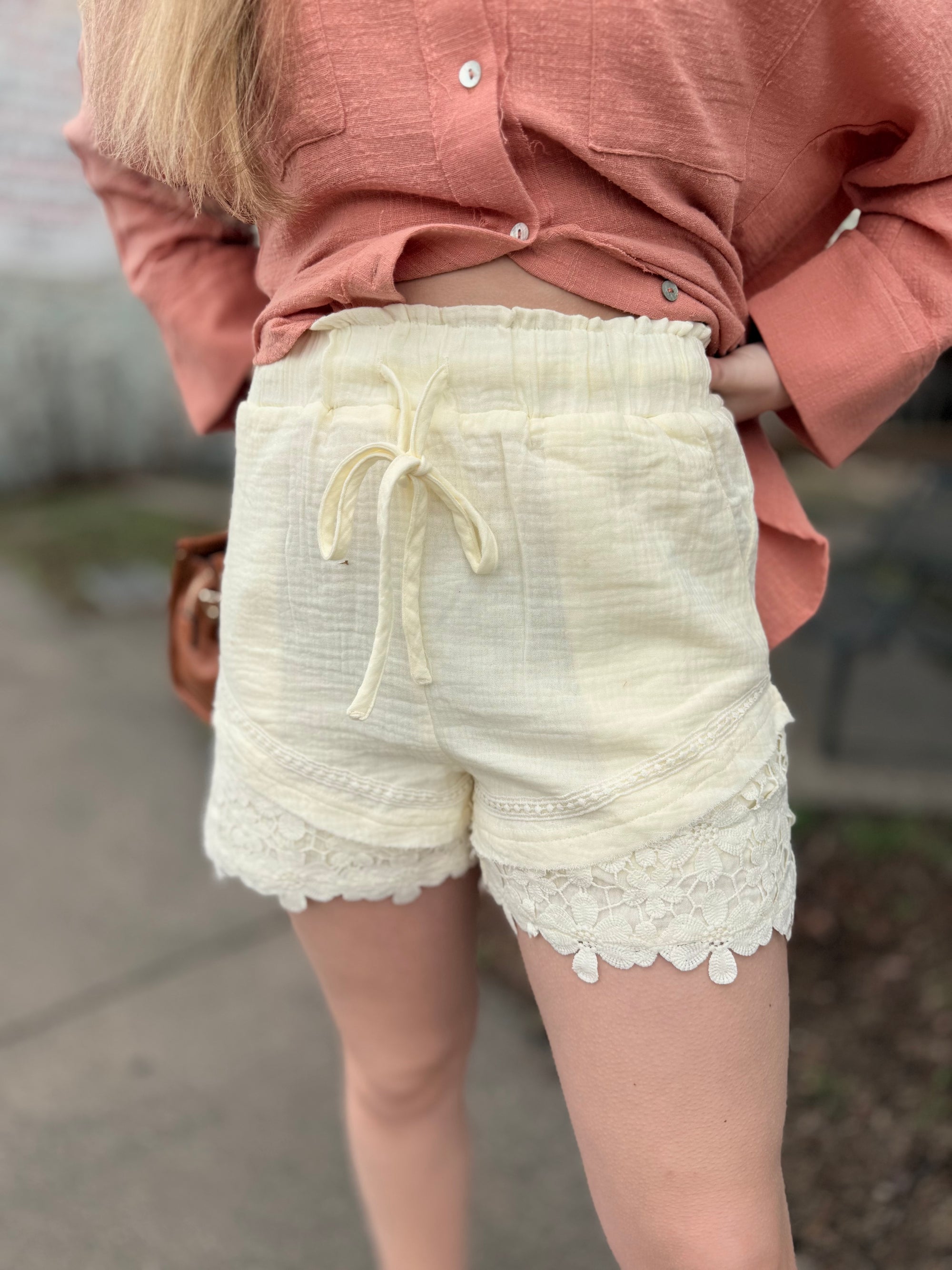 Cream Lace Detail Woven Shorts