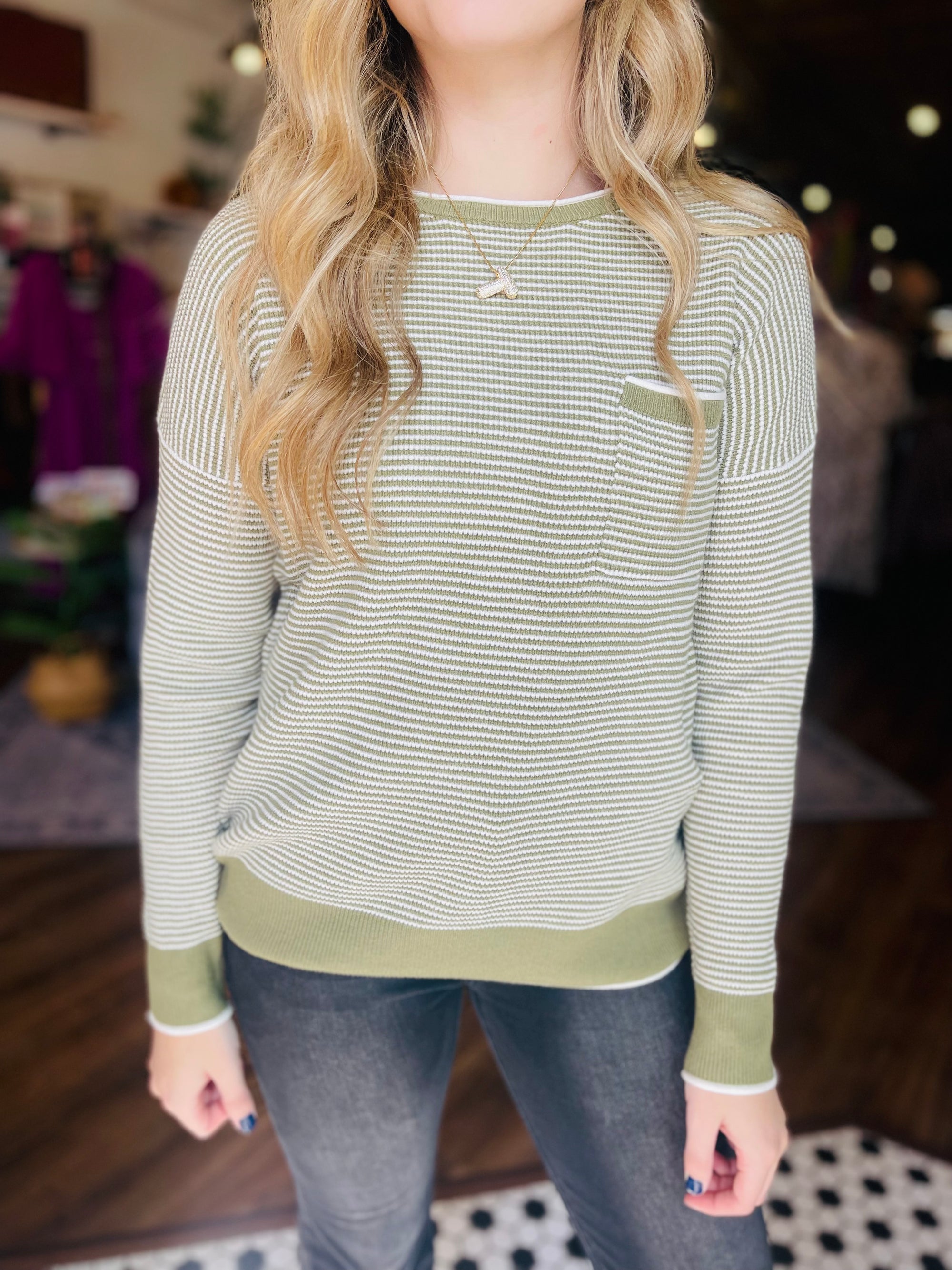 Olive Stripe Waffle Texture Crew Neck Pullover Sweater