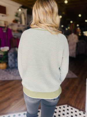 Olive Stripe Waffle Texture Crew Neck Pullover Sweater