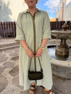 Olive Striped Button Front Maxi Dress