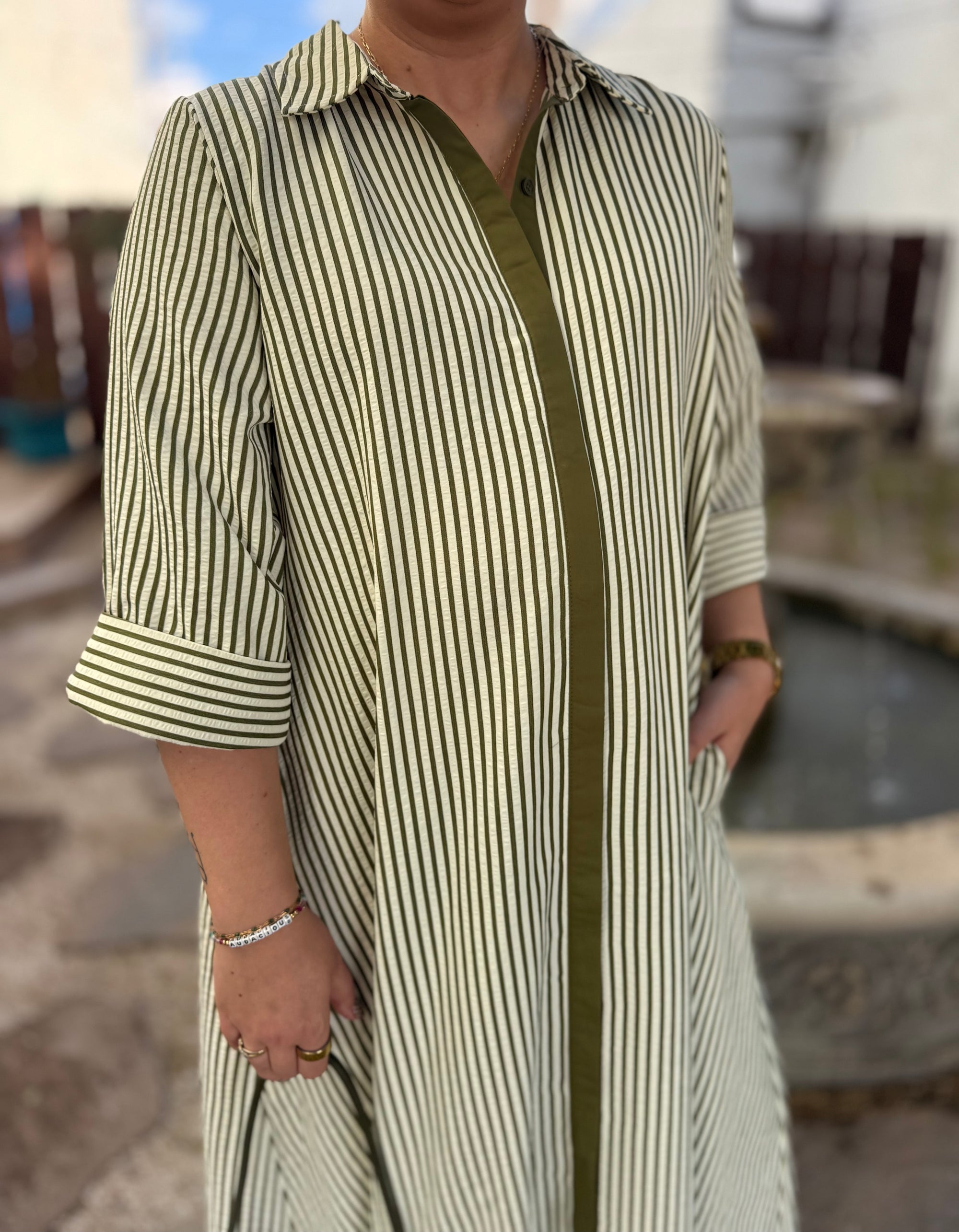 Olive Striped Button Front Maxi Dress