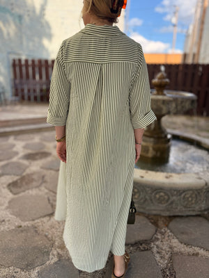 Olive Striped Button Front Maxi Dress