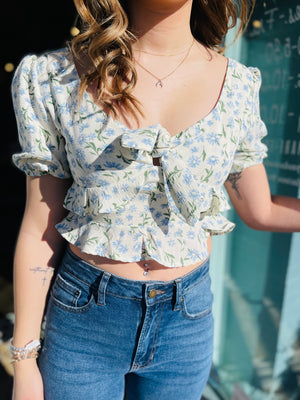 Ivory Floral Printed Ruffle Front Tie Top