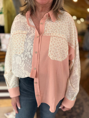 Plus Blush Mixed Material Button Down Top