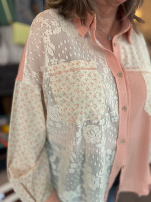 Plus Blush Mixed Material Button Down Top