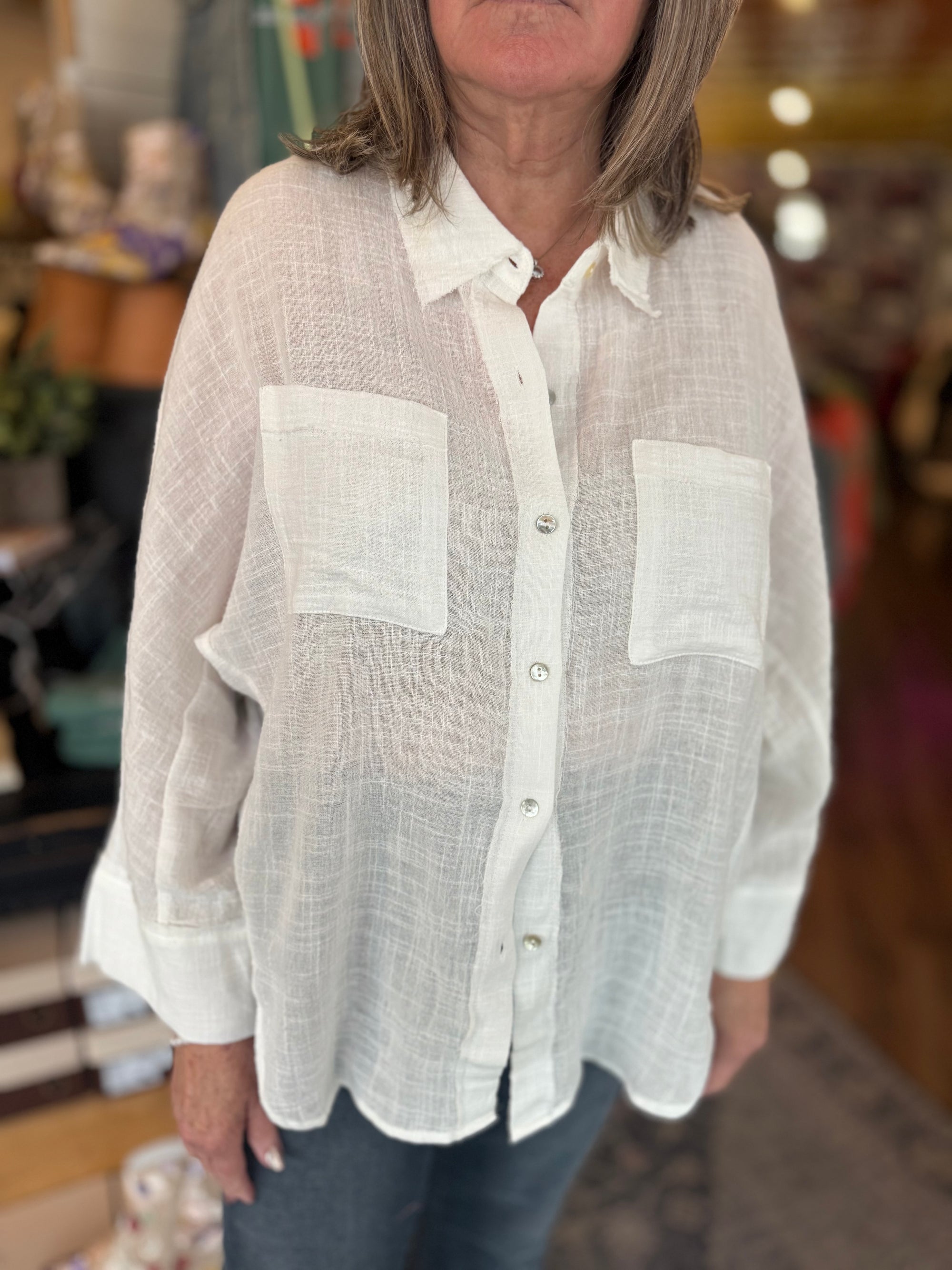 Plus White Button Down Gauze Top