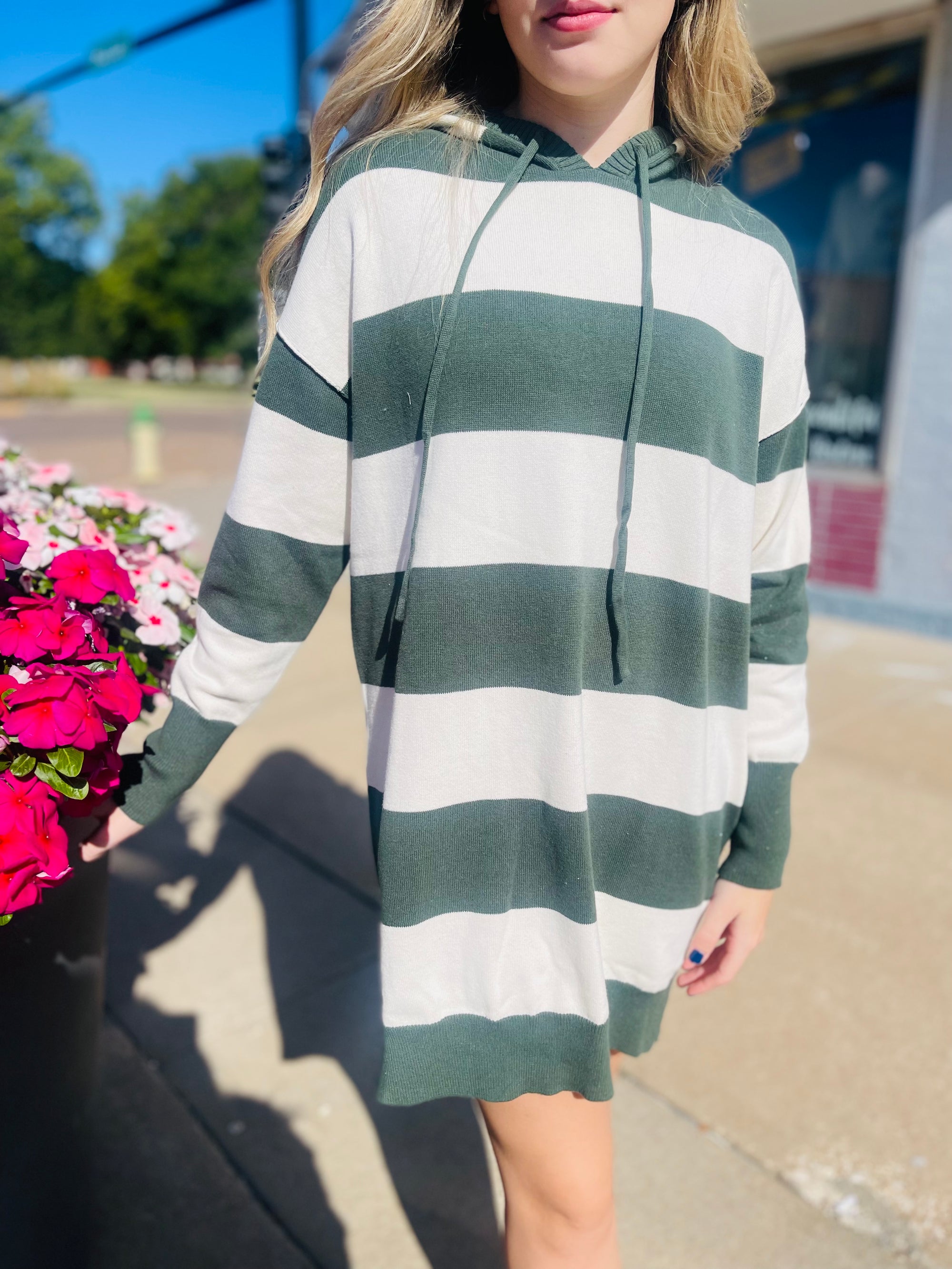 Hunter Green Striped Drawstring Hoodie Mini Knit Dress