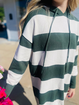 Hunter Green Striped Drawstring Hoodie Mini Knit Dress