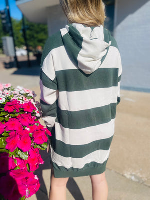 Hunter Green Striped Drawstring Hoodie Mini Knit Dress