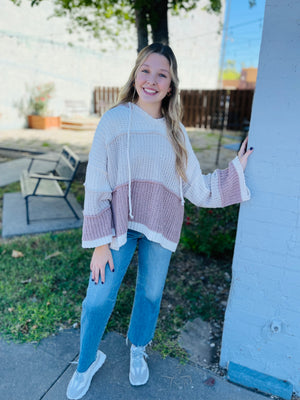 Cream Beige Colorblock Chenille Hoodie