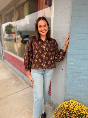 Brown Vintage Floral Button Up Blouse