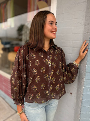 Brown Vintage Floral Button Up Blouse