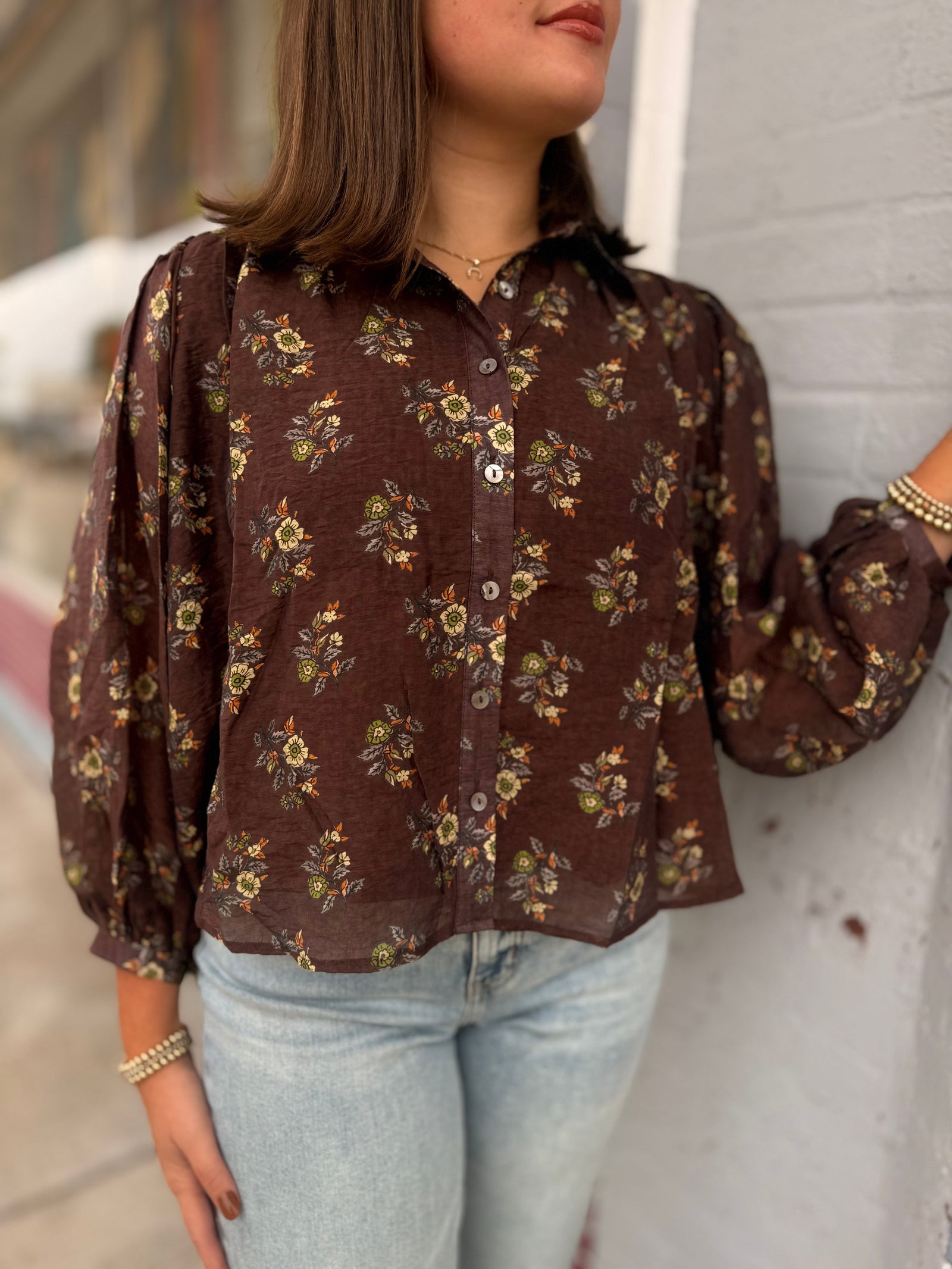 Brown Vintage Floral Button Up Blouse