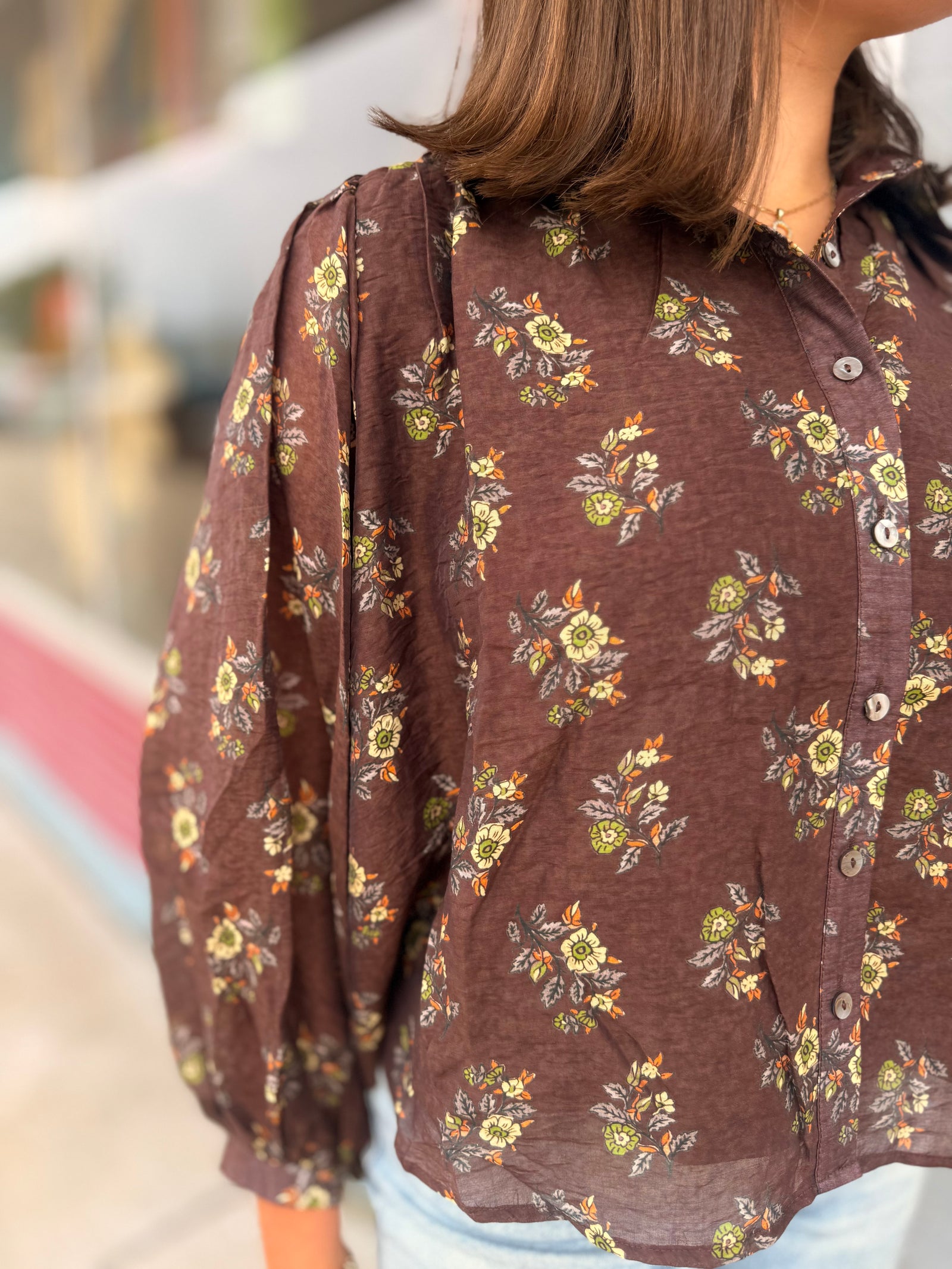 Brown Vintage Floral Button Up Blouse