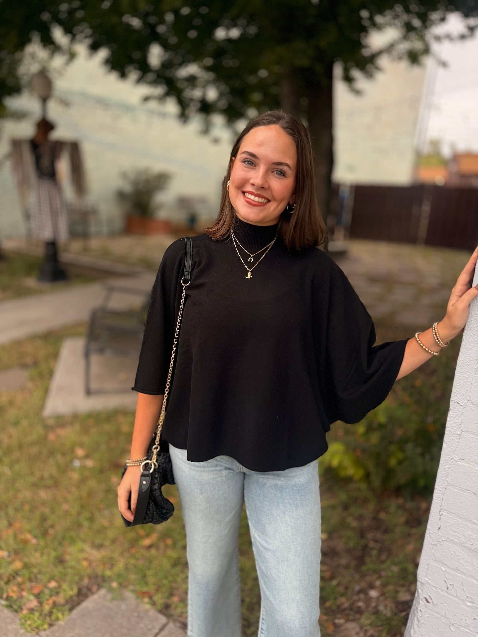 Black Mock Neck Knit Quarter Sleeve Top