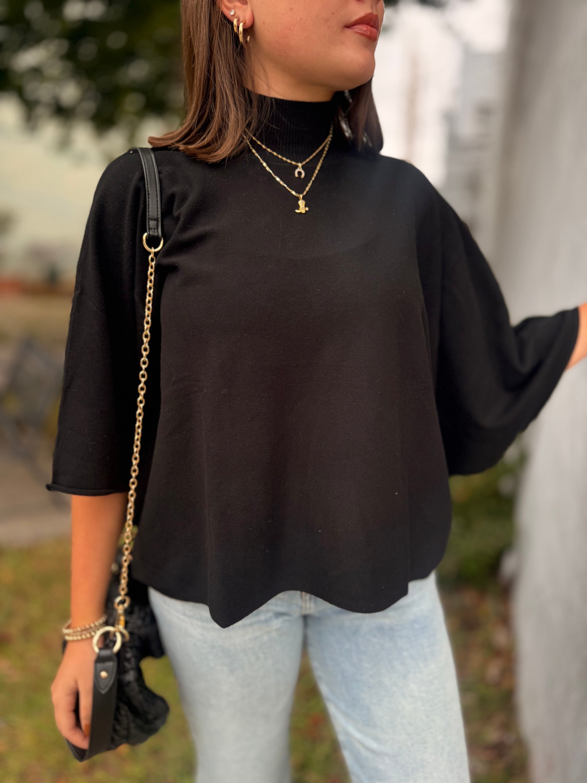 Black Mock Neck Knit Quarter Sleeve Top