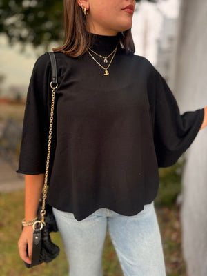 Black Mock Neck Knit Quarter Sleeve Top