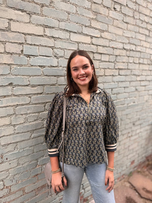 Grey Floral Print Top w/ Striped Collar + Cuffs