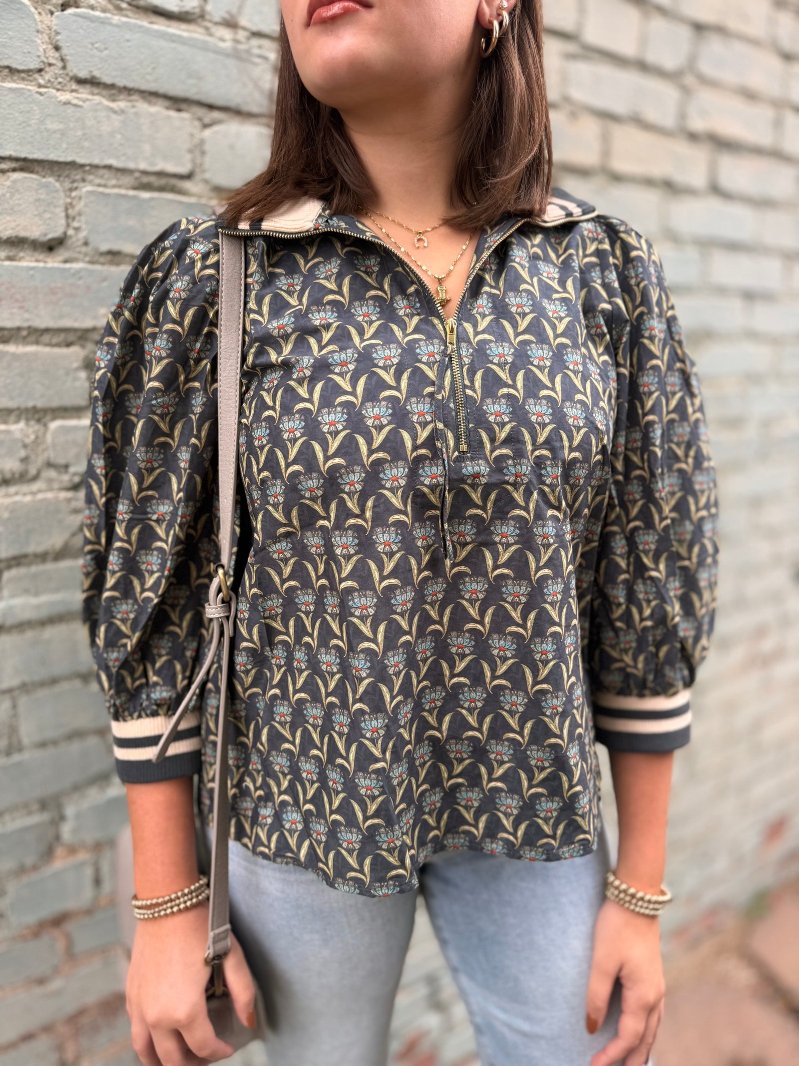 Grey Floral Print Top w/ Striped Collar + Cuffs