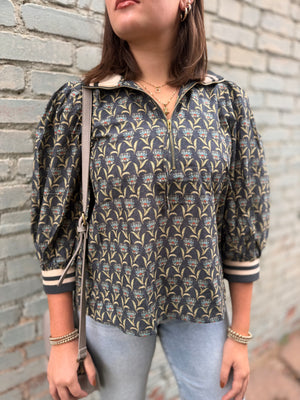 Grey Floral Print Top w/ Striped Collar + Cuffs