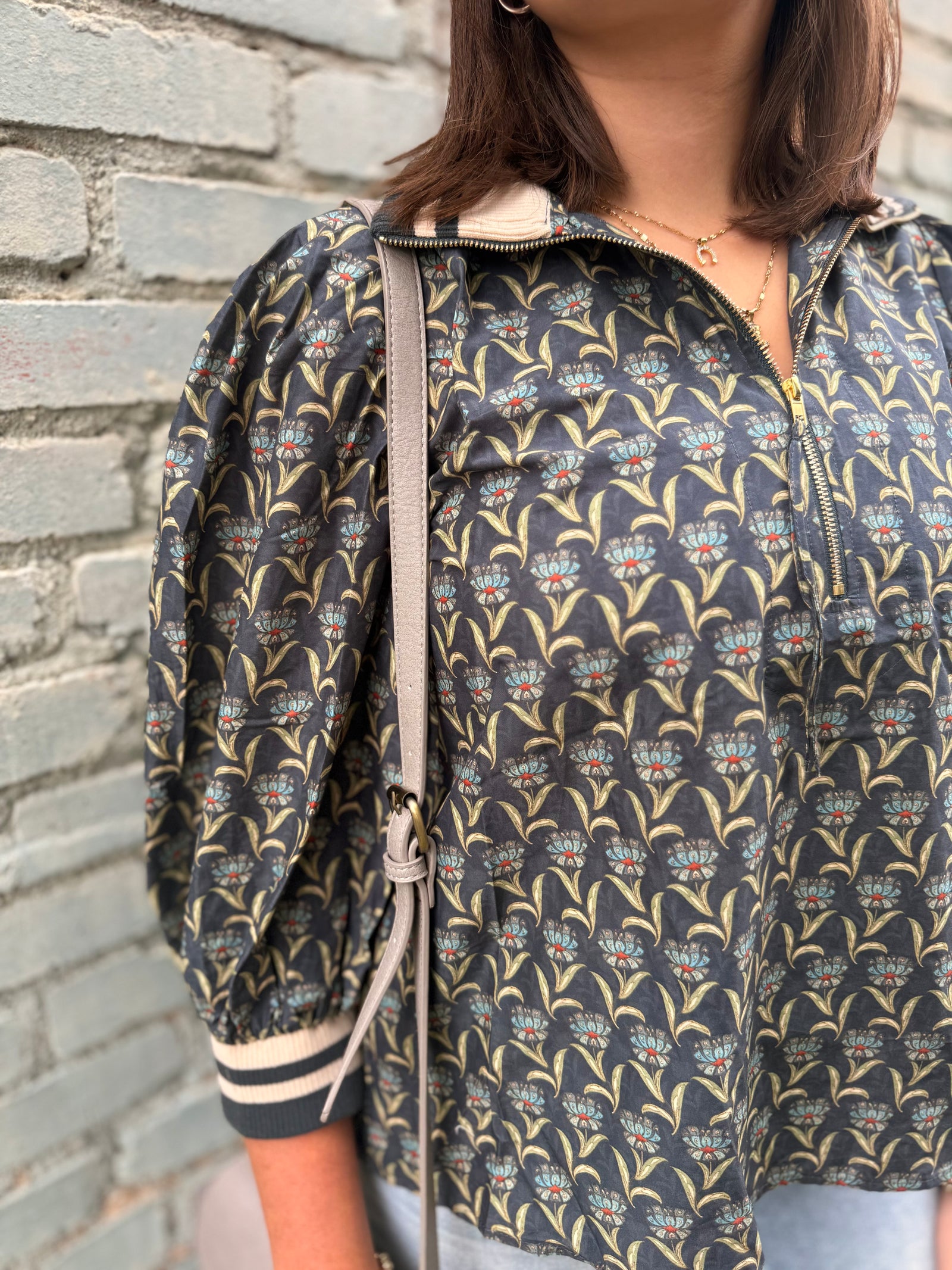 Grey Floral Print Top w/ Striped Collar + Cuffs