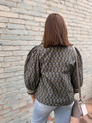 Grey Floral Print Top w/ Striped Collar + Cuffs
