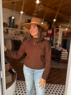 Brown Mock Neck Pocket Front Sweater