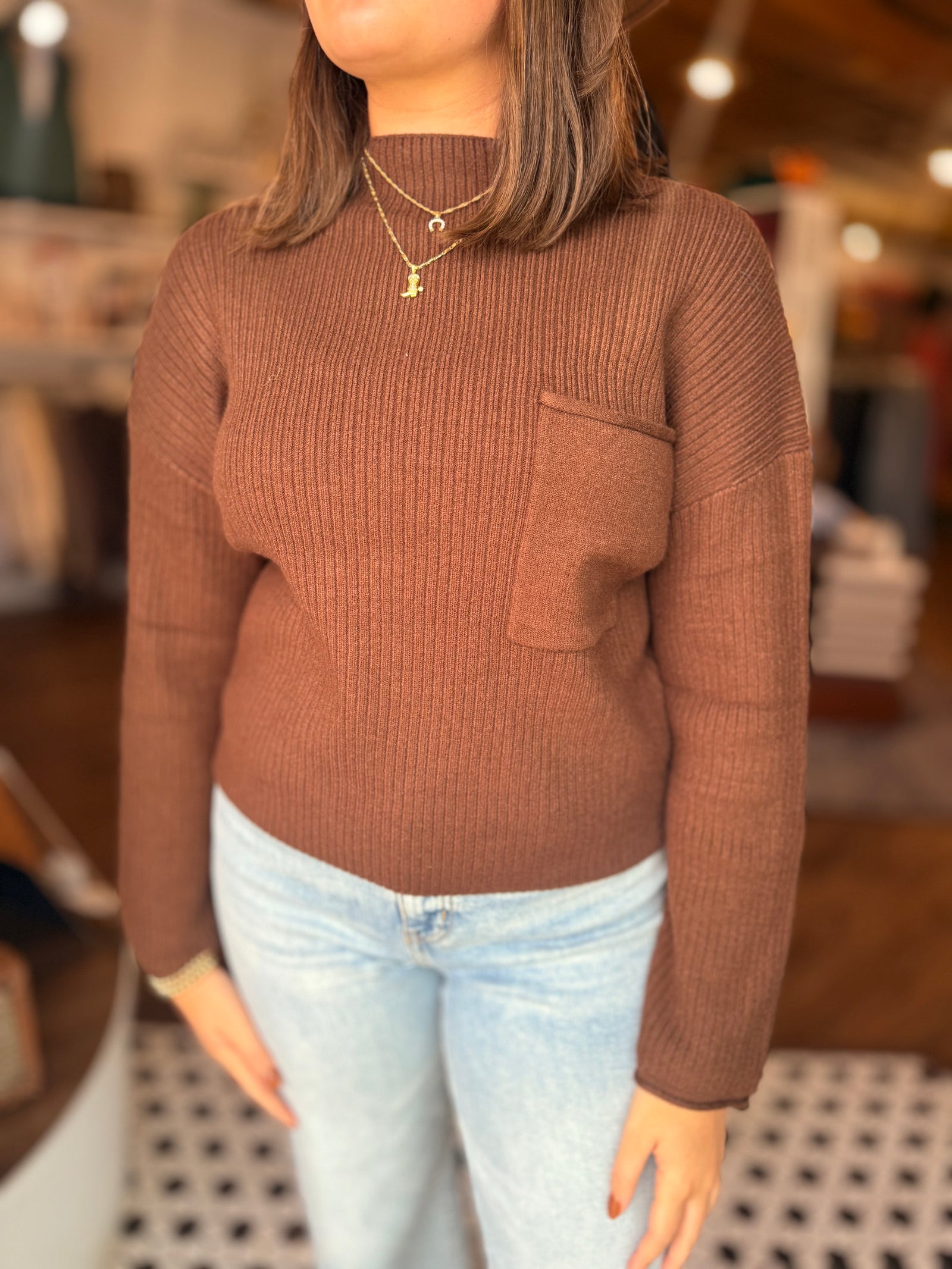 Brown Mock Neck Pocket Front Sweater