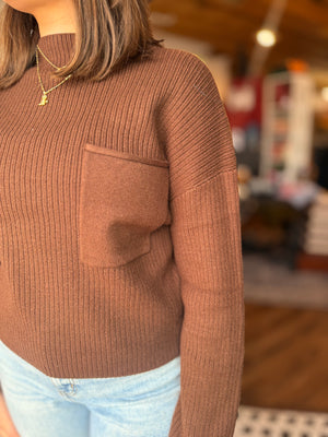 Brown Mock Neck Pocket Front Sweater