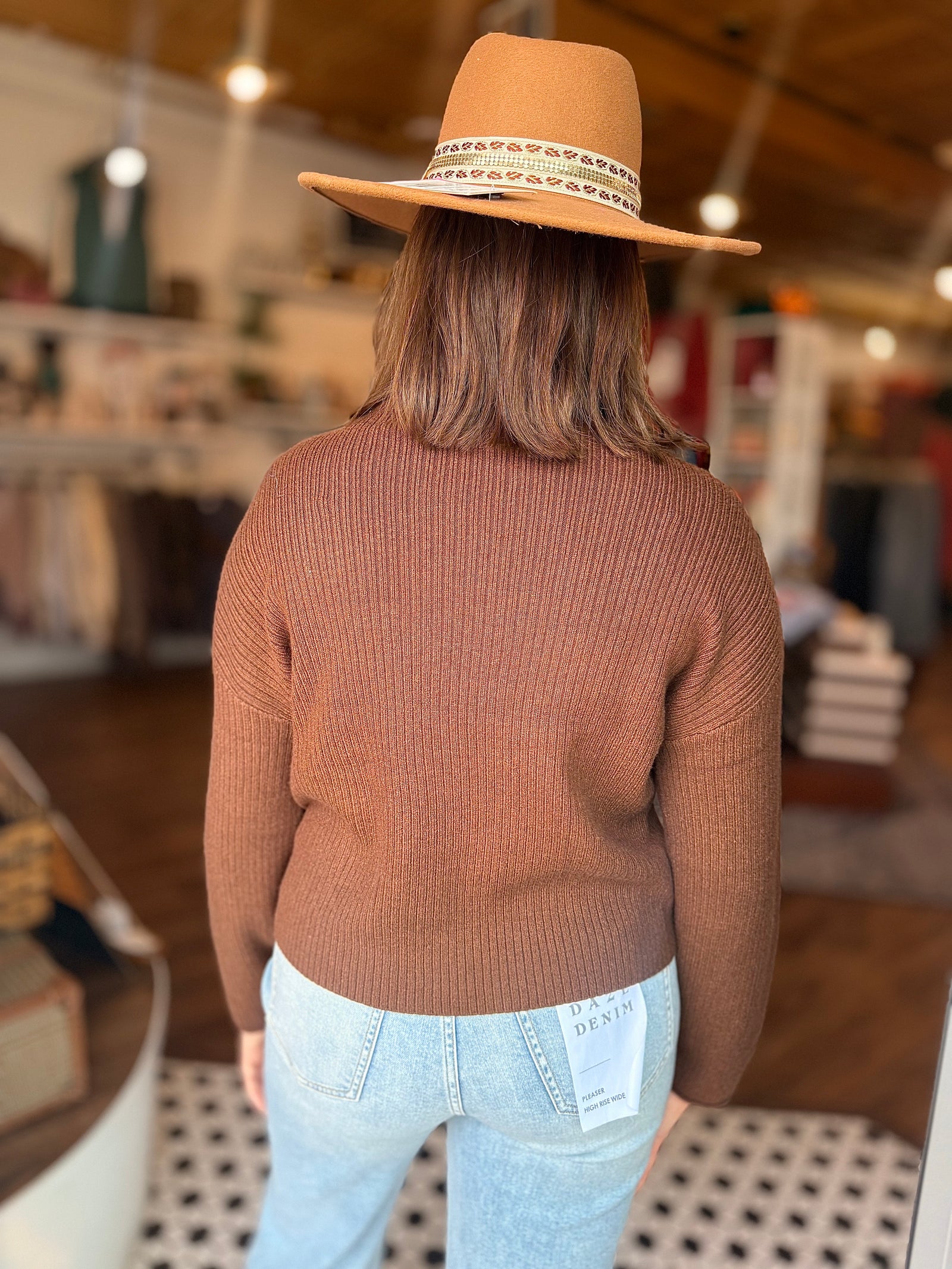 Brown Mock Neck Pocket Front Sweater