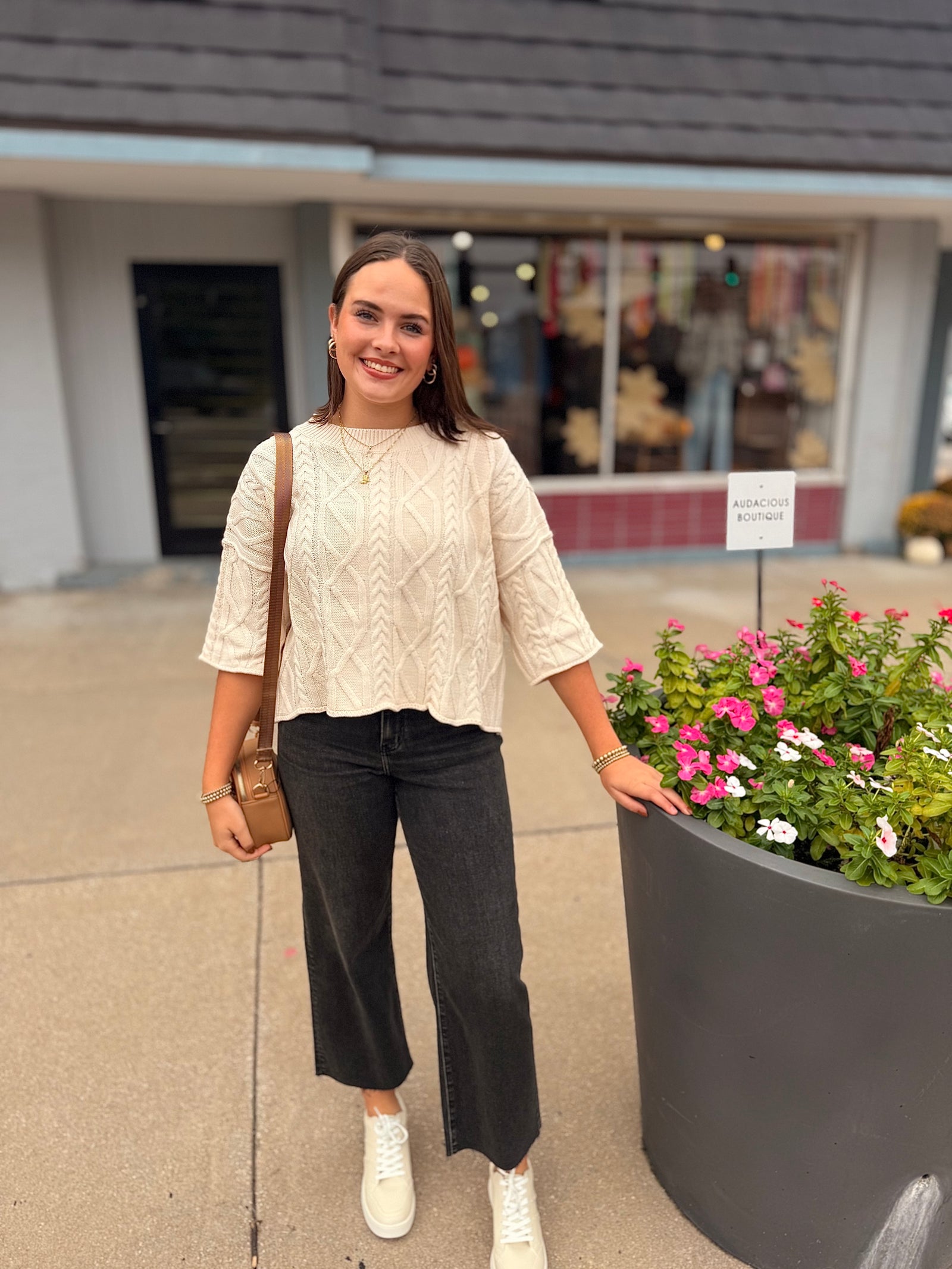 Cream Cable Knit Quarter Sleeve Cropped Sweater