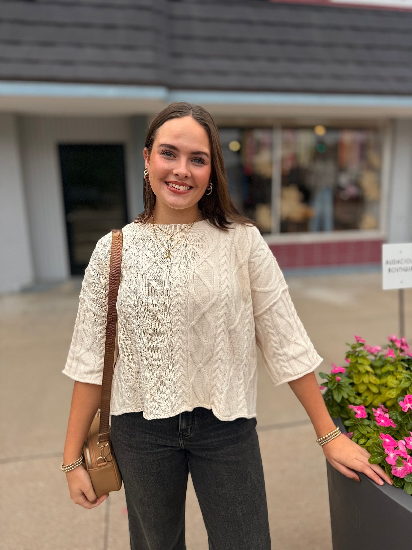 Cream Cable Knit Quarter Sleeve Cropped Sweater